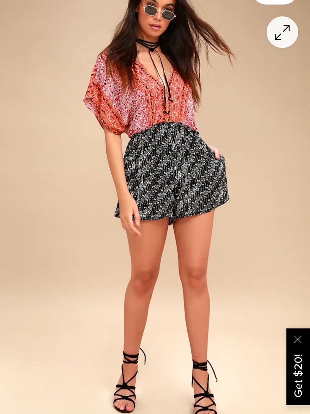 Free People Arizona Mixed Print Romper - Black & Orange - Small - Picture 2 of 9
